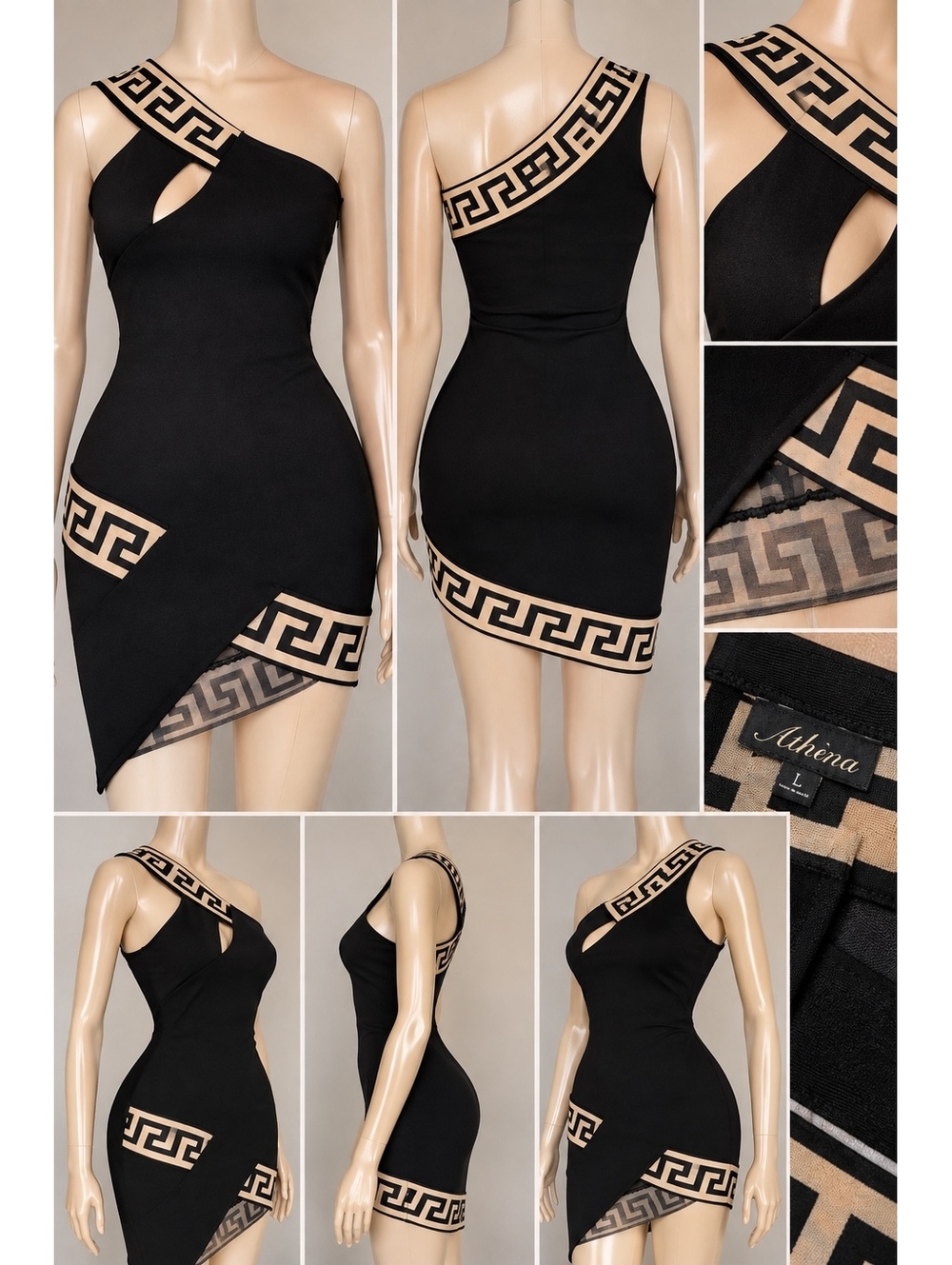 Athina Black Greek Key One-Shoulder Bodycon Dress – Size Large